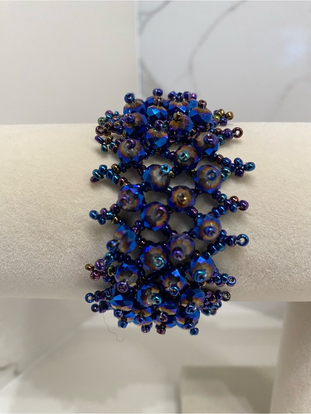 Handcrafted Iridescent Blue Crystal Beaded Bracelet